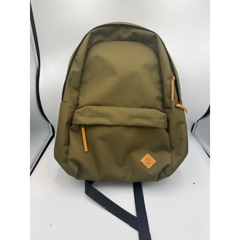 Timberland Olive Green Canvas Backpack Daypack School Bag with Leather Trim Logo